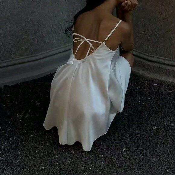 White Sexy Women's Lace Satin Backless Mini Dress - Picture 2 of 5